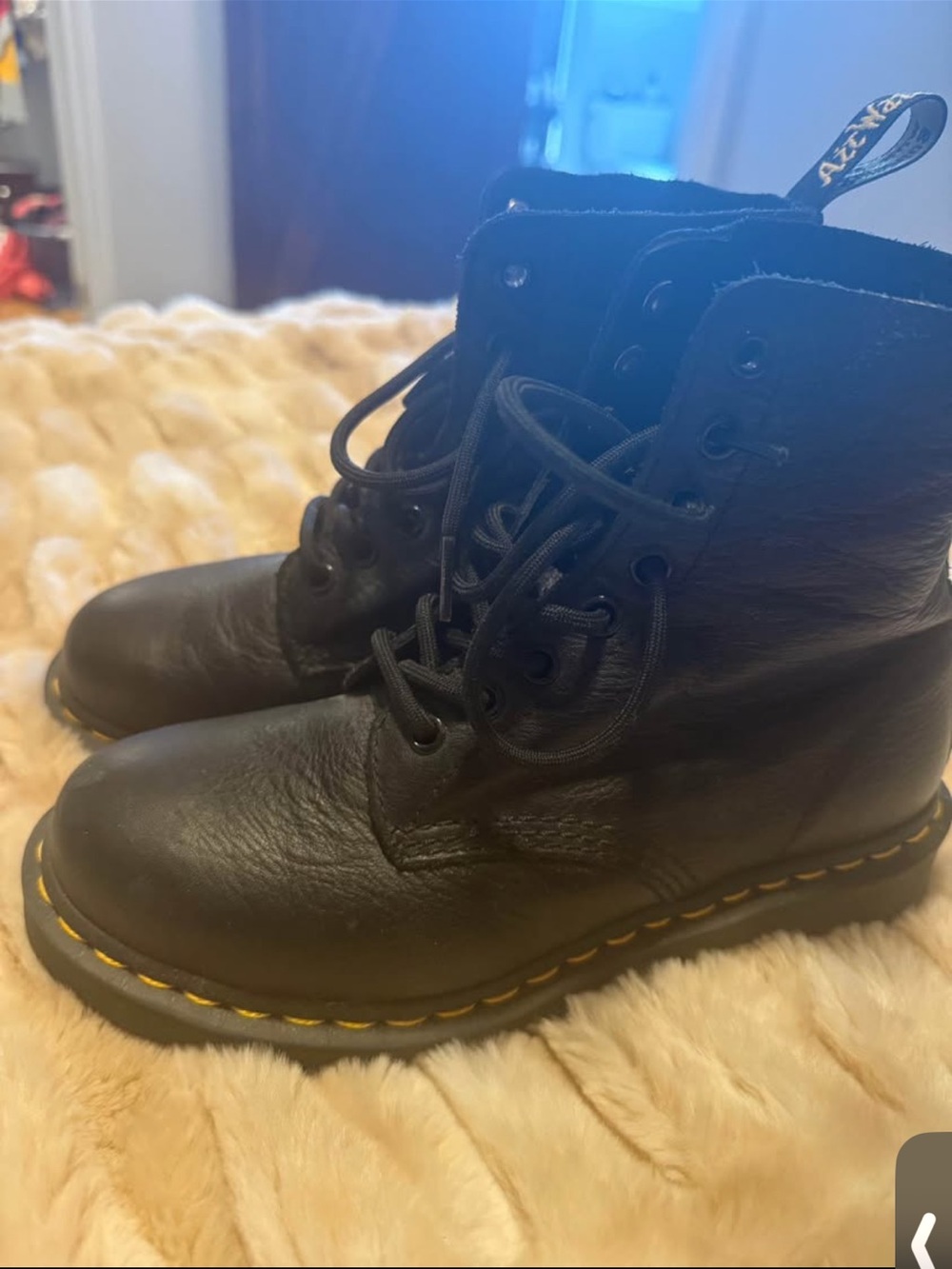 Dr. Martens Womens Black Leather Lace-Up Boots with Yellow Stitching